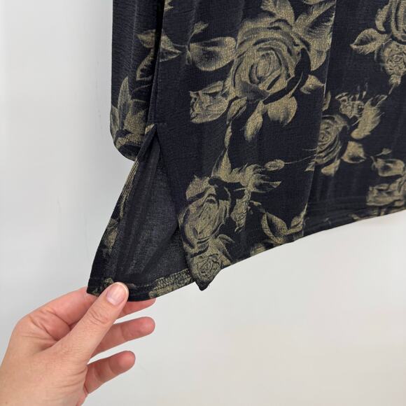 VTG Y2K Es Se Dark Floral Top Shirt L Black Slinky Knit Long Sleeve Witchy Vamp - Picture 4 of 8